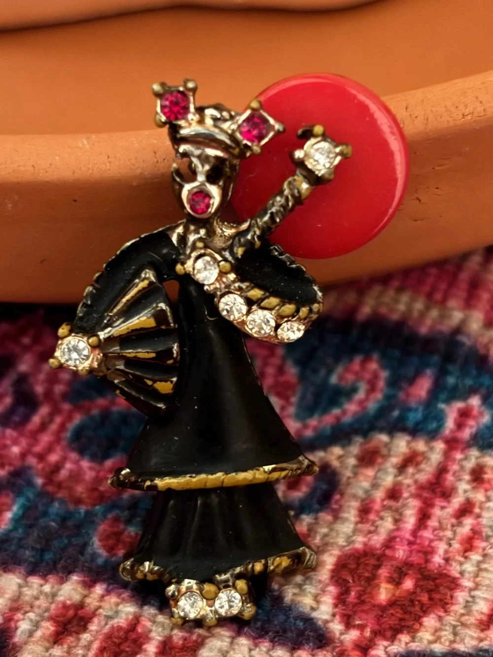 Vintage-Inspired Black and Pink Flamenco Dancer Brooch